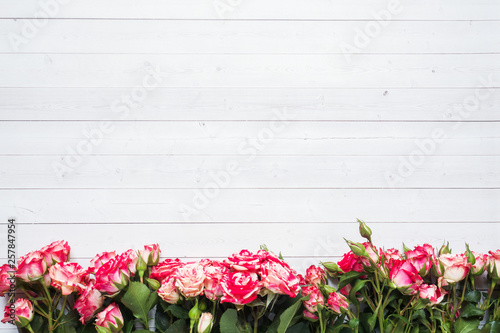 Fototapeta Naklejka Na Ścianę i Meble -  Red roses on white wooden background with copy space.