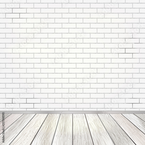 Empty room interior with white brick wall and light wooden floor background  vector illustration