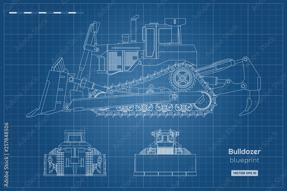 Bulldozer in outline style. Front, side and back view of digger. Building machinery image. Industrial isolated drawing of dozer. Diesel vehicle blueprint Bulldozer in outline style. Front, side and back view of digger. Building machinery image. Industrial isolated drawing of dozer. Diesel vehicle blueprint