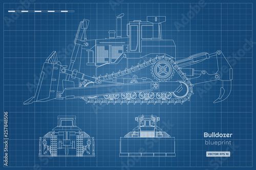 Bulldozer in outline style. Front, side and back view of digger. Building machinery image. Industrial isolated drawing of dozer. Diesel vehicle blueprint