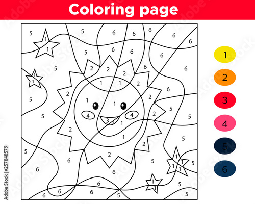 Educational number coloring page. Vector kawaii cartoon sun. Space theme.