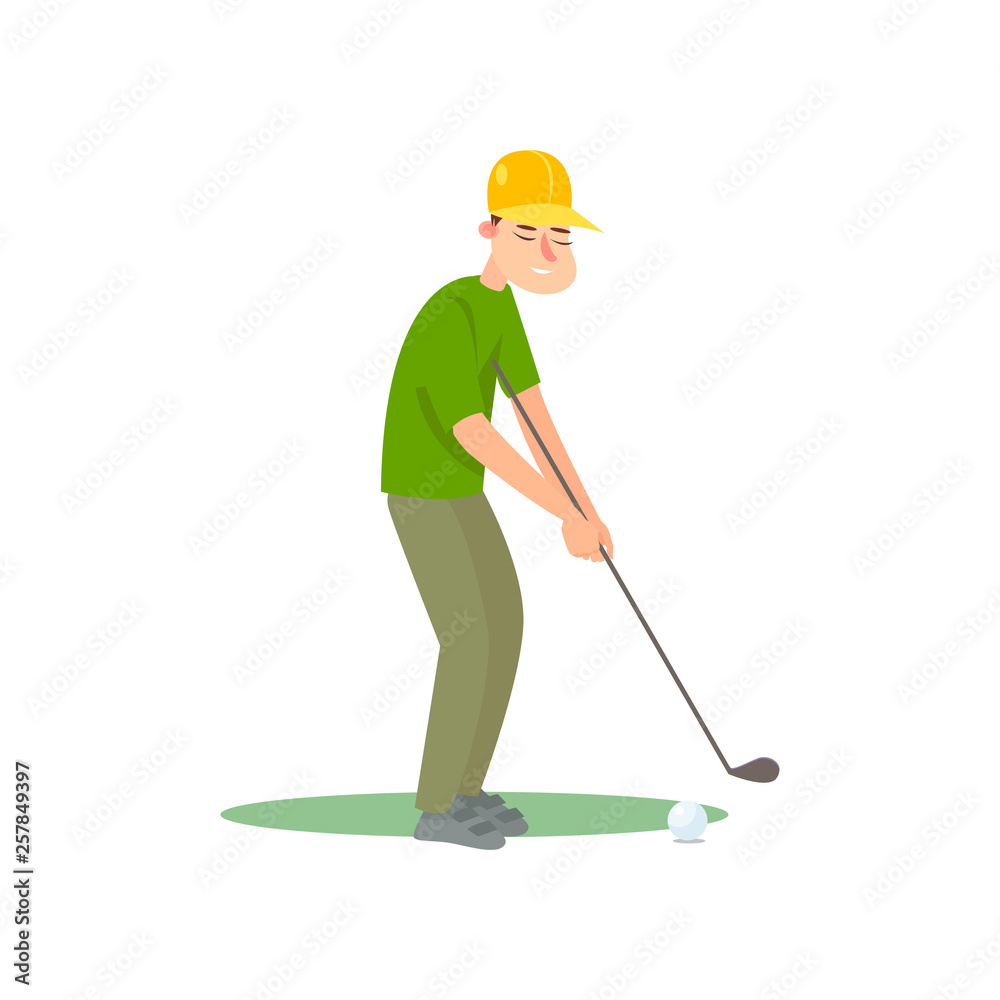Golf player in green uniform and yellow hat ready kick ball Golf player in green uniform and yellow hat ready kick ball