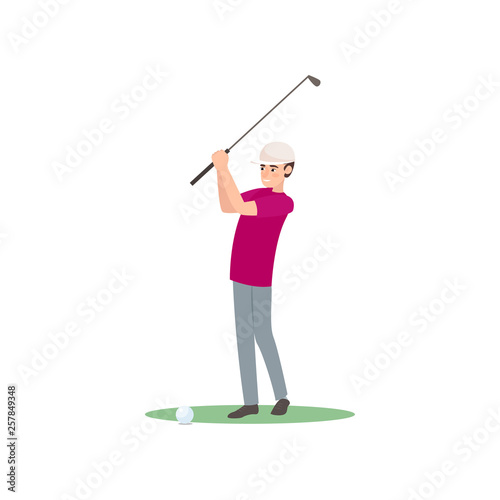 Golf player in uniform and hat swinging club over head and ready kick ball