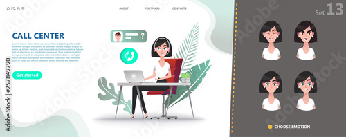 Call center concept. Cartoon character woman advises the client in the online office. Icon chat and online consultation by phone or web connection. Emotion faces set for character design