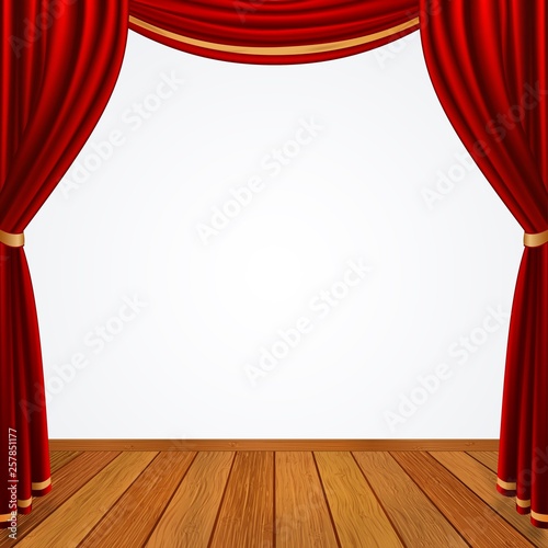 Empty stage with red curtains drapes  and brown wooden floor