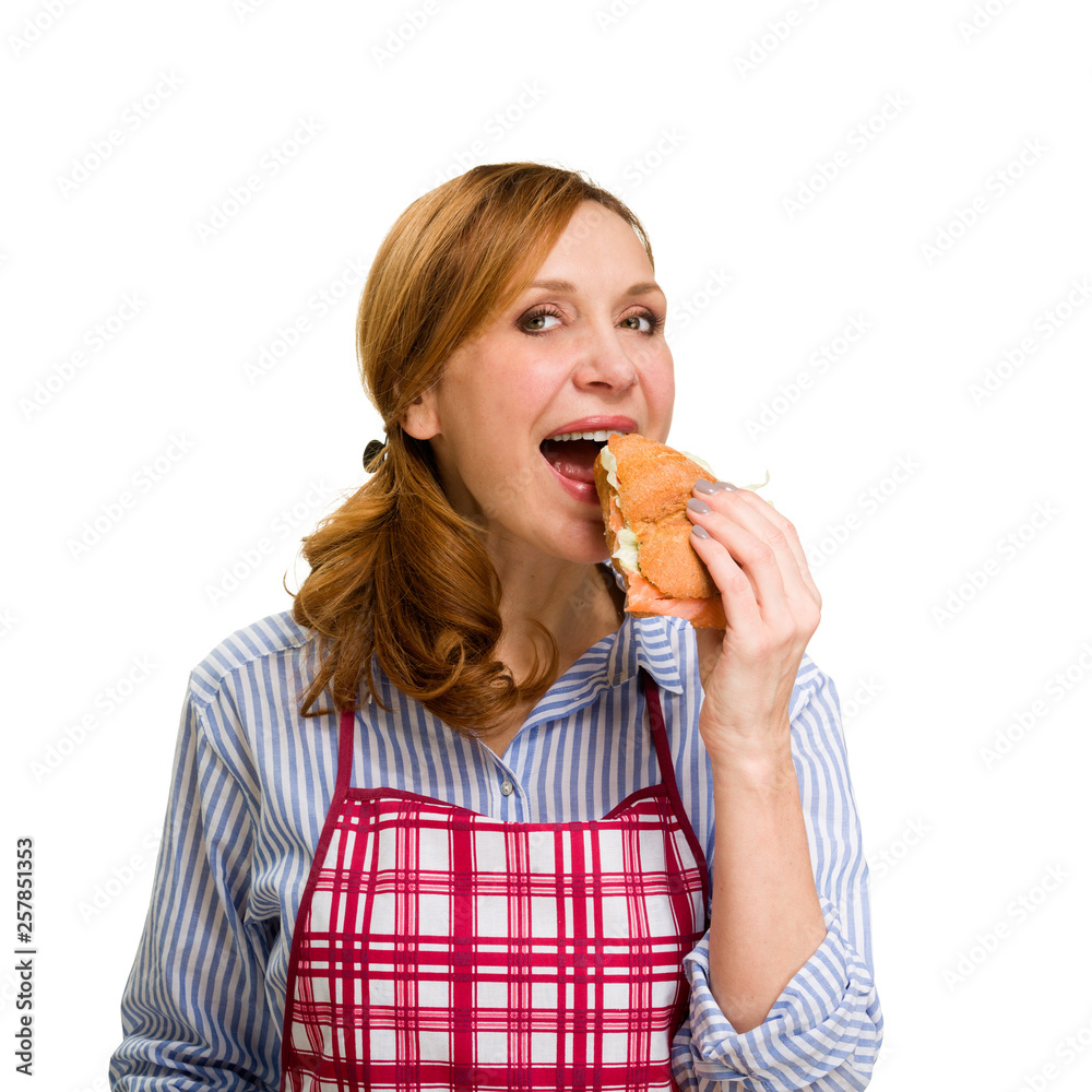 Woman enjoying salmon slices on bread. On white background. Woman enjoying salmon slices on bread. On white background.