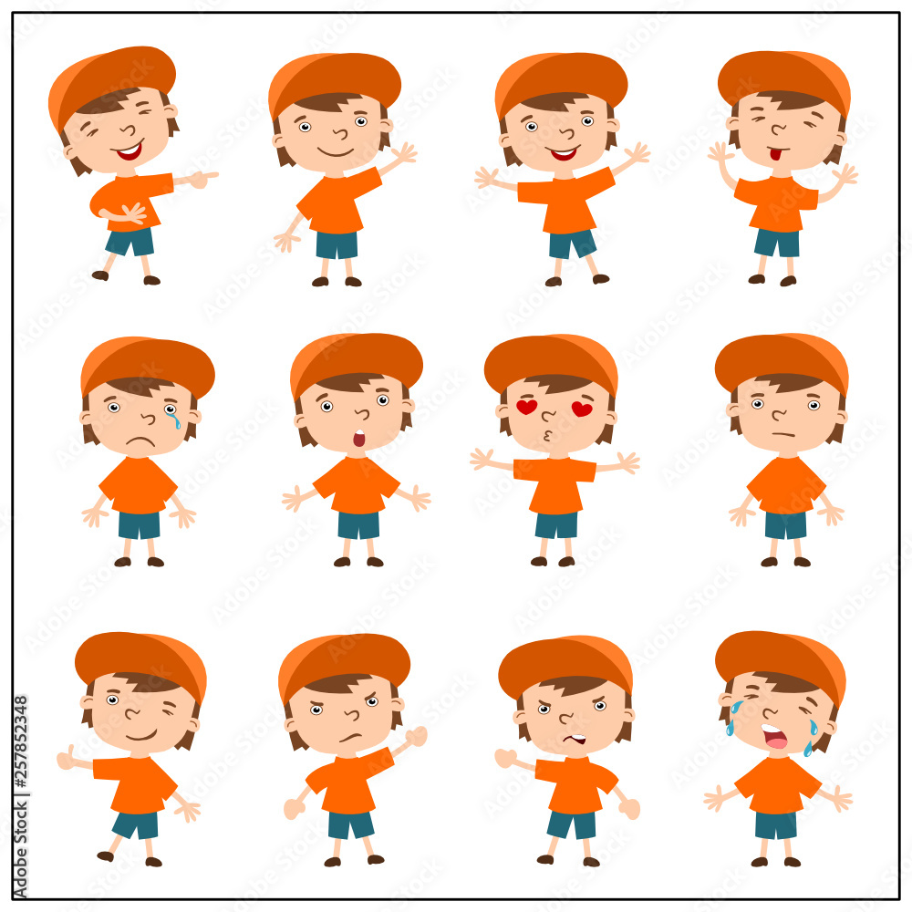 Set of funny boy in cartoon style in different poses and emotions isolated on white background. Set of funny boy in cartoon style in different poses and emotions isolated on white background.