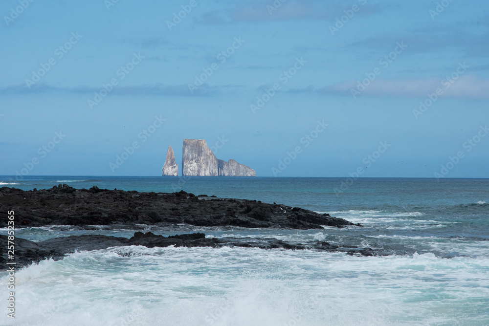 View of Kicker Rock with sea in foreground Galapagos Islands Pacific Ocean Ecuador