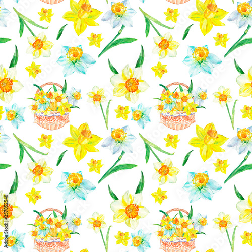 Watercolor spring floral pattern in yellows with daffodils flowers on white background. Botanical hand painted bright colorful illustration for spring holiday cards, easter, textile, wrapping paper.