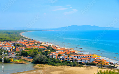 Italy, Tuscany, Castiglione della Pescaia, Maremma Grosseto Tuscany, Panoramic view of the coast, beach and sea, from the castle overlooking the new village 