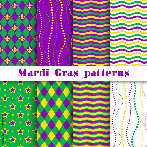 Mardi gras vector different seamless pattern: argyle, chevron, beading, stars, wavy background; white, yellow, green, purple, violet colors. Pattern swatches included in the Swatches panel