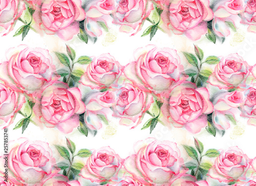 Seamless pattern with pink watercolor roses