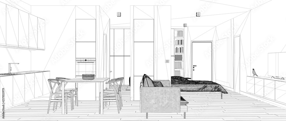 Blueprint project draft, sketch of one room apartment, minimalist white small kitchen with parquet and dining table, interior design concept idea, modern apartment with parquet floor