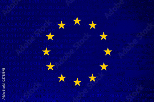 Source code of software with errors and overlaid EU flag. Illustration by European copyright law, European Union directive regarding the protection of copyright on the internet.