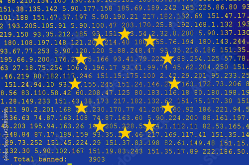 Fotografie Source code of software with errors and overlaid EU flag