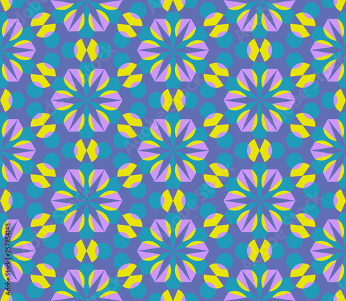 Kaleidoscope seamless pattern in Green, Yellow and Purple
