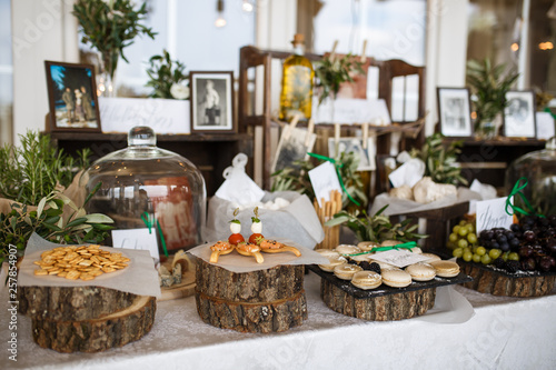 Variety assortment of different luxury food snacks and appetizers, concept of decorated catering banquet set, on a party event celebration