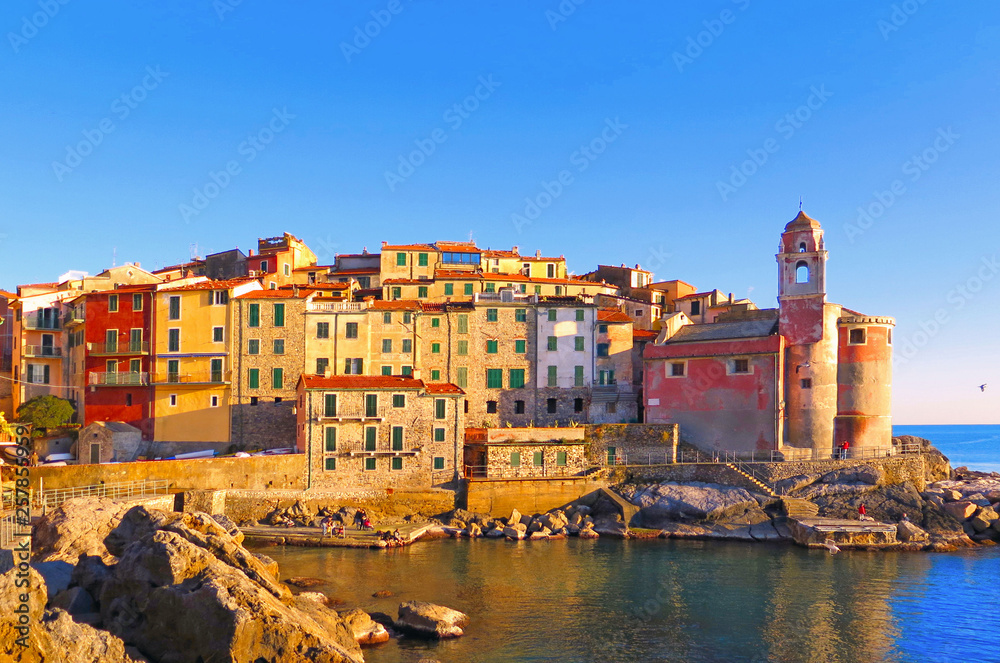 colorful houses and old facade in small fishermans village Tellaro in liguria, italy                                 