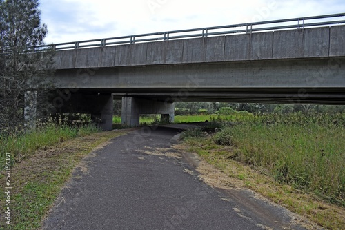 Single lane road running underneath a bridge landscape