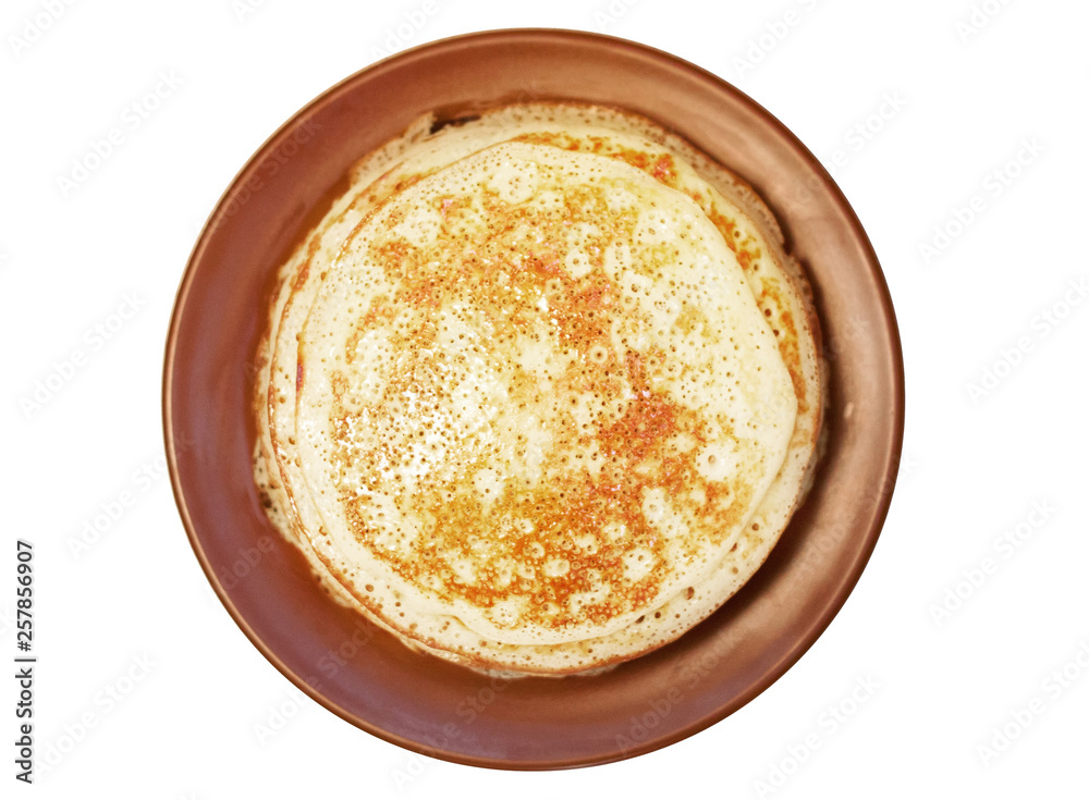 Homemade russian pancake on white background,