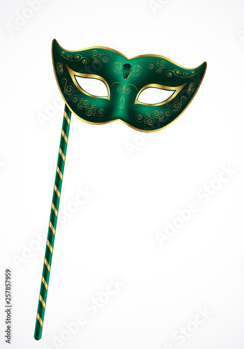 Green carnival theatrical mask with gold ornament with handle isolated on white background, vector illustration