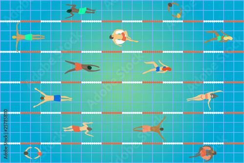 Swimming pool top view. Group of people of different age, gender and nationalities swimming in sport center.  