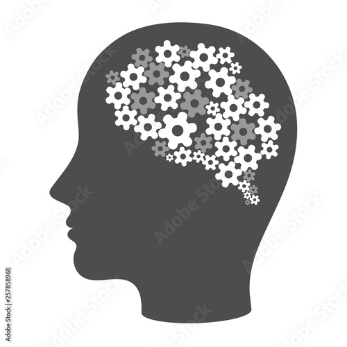 Head silhouette with gears as a brain icon