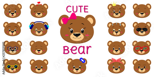 Fototapeta Naklejka Na Ścianę i Meble -  Cute brown bear, mega set of head of different emotions. Cartoon style, flat design, vector illustration