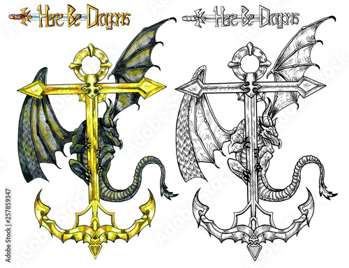 Design set with fantasy dragon sitting on anchor isolated on white. Watercolor nautical doodle illustration, fantasy adventure and vintage transportation concept