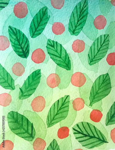 Abstract background of green leaves of trees and berries of cherry or currant in watercolor style