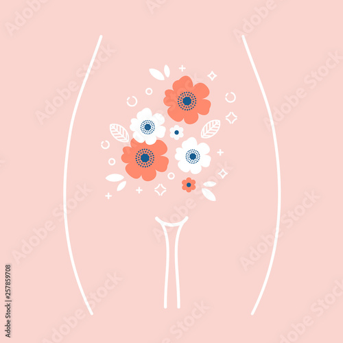 Women health illustration. Woman stomach with the flowers inside. Vector illustration