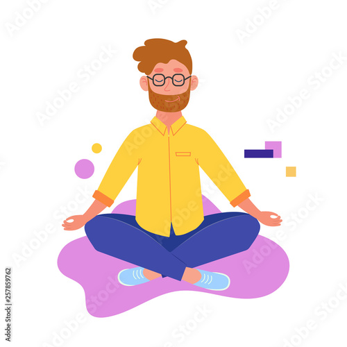 Yoga. A man is sitting in the lotus position. Man is meditating. Practicing yoga. Vector illustration