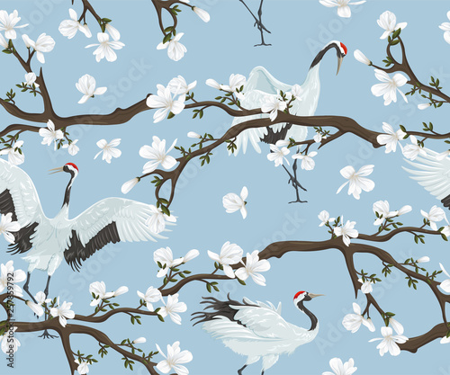 Seamless pattern with japanese cranes and magnolia