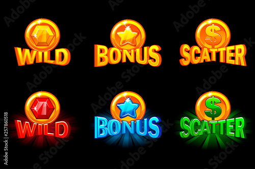 Set of slots icon templates. Gold and color icons wild, bonus and scatter. For game, slots, game development.
