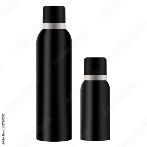 Air Spray Freshener Bottle. Cosmetic Tin Mockup. Vector Deodorant Aerosol with Cap. Antiperspirant Product. Refresher Packaging. Hairspray Aluminium Black Tube. Cylinder Pack.