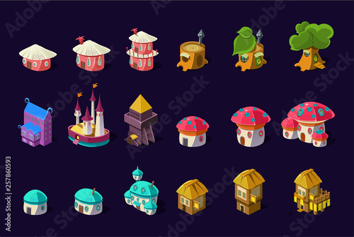 Flat vector set of colorful buildings for mobile game. Cartoon fairy houses in shapes of trees and mushrooms. Cute princess castle