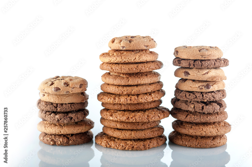 Various shortbread, oat cookies, chocolate chip biscuit isolated on a white background. Various shortbread, oat cookies, chocolate chip biscuit isolated on a white background.
