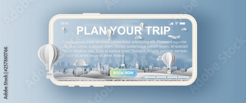 3D Paper craft and cut of Panorama Traveling holiday landmarks landscape Eiffel tower Paris city France,Creative Travel holiday time smartphone booking plan trip concept,paper art.illustration.vector.