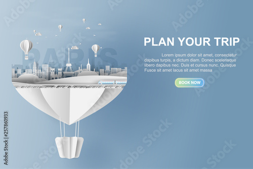 3D Paper craft and cut of Panorama Traveling holiday landmarks landscape Eiffel tower Paris city France,Travel holiday time smartphone booking balloon floating concept,paper art.illustration.vector.