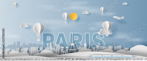 Paper craft and cut of Traveling holiday Eiffel tower Paris city France,Travel holiday time transportation train landmarks landscape concept,Creative paper art white balloon.illustration.vector.