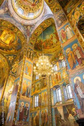 Interior, church of Savior on the Spilled Blood. 1880s church with vibrant, lavish design - Saint Petersburg, Russia