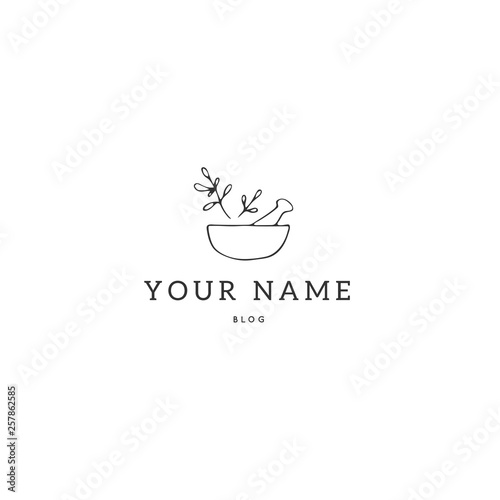 Kitchen logo template, a bowl with spices. Vector hand drawn object.