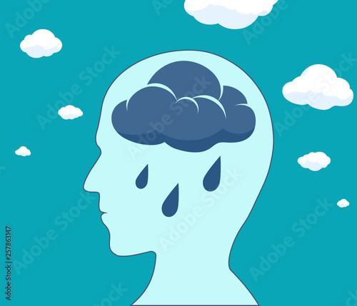 Cloud and rain drops inside the head. Mental health