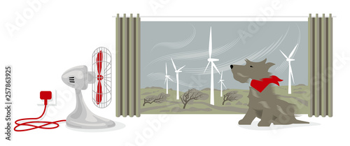 Illustration of desk fan blowing a dogs face. Outside, wind is powering a wind farm and bending trees