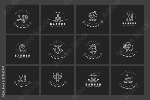 Vector icon and logo for barbershop and beauty saloon . Editable outline stroke size. Line flat contour, thin and linear design. Simple icons. Concept illustration. Sign, symbol, element.