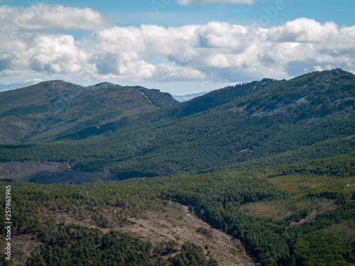 Aerial view of a mountain landscape from La Pena de Francia in La Alberca (Salamanca)