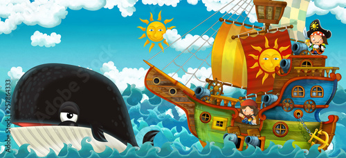 cartoon scene with pirate ship sailing through the seas with happy pirates meeting swimming whale - illustration for children