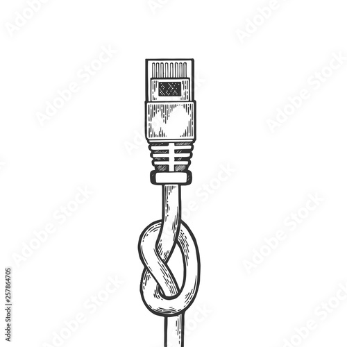 Knotted blocked Ethernet internet locale net cable metaphor sketch engraving vector illustration. Scratch board style imitation. Hand drawn image.