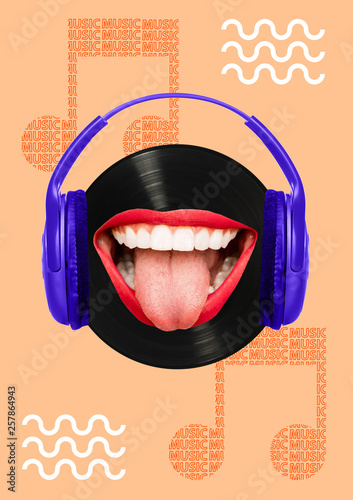 Music - how it tastes. Melomans head as a black vinyl record with brightning smile, red lips and purple headphones. Modern design. Contemporary art collage. Modern design. Contemporary art collage. photo