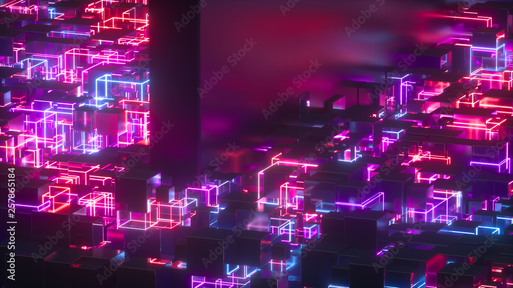 Neon glowing lights, grid from lots of cubes, glossy blocks, ultraviolet spectrum, abstract city, laser lines, creative background, 3d rendering